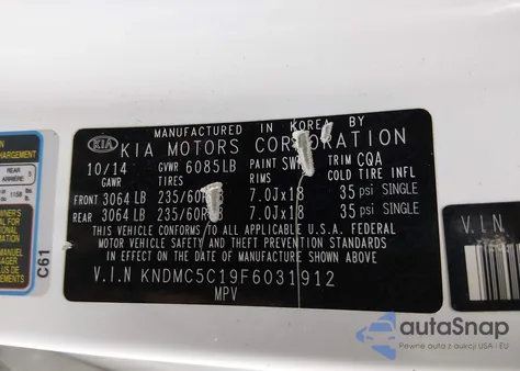 2015 Kia Sedona Sx from USA, damaged, VIN KNDMC5C19F6031912